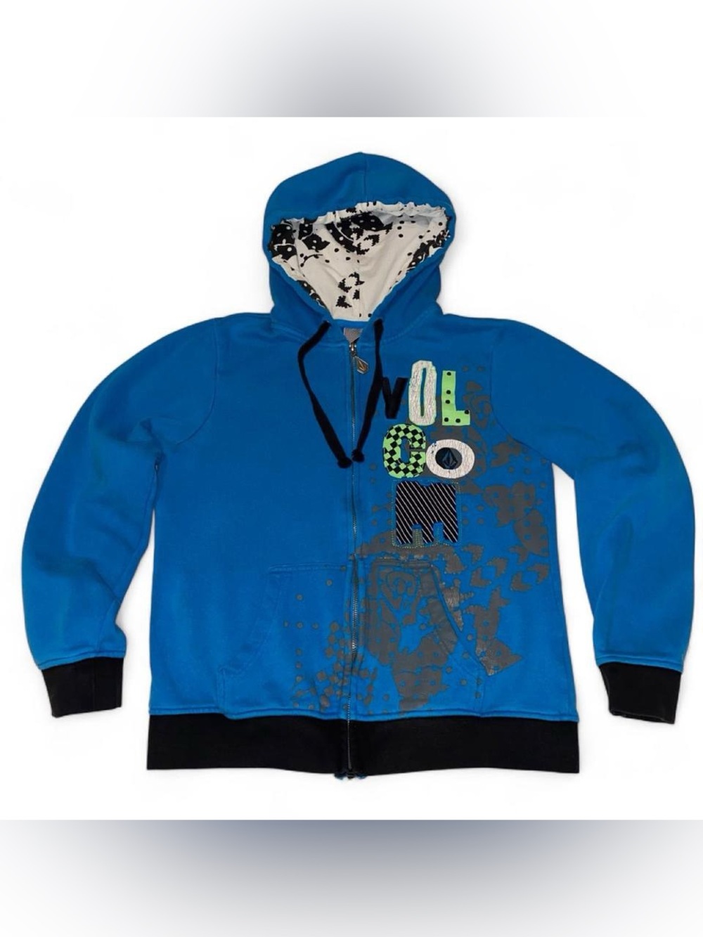 Vintage Volcom Blue Graffiti Graphic Zip Hoodie with Black Trim